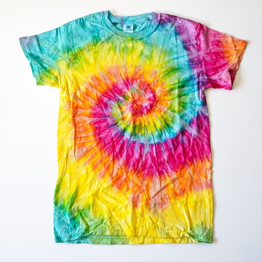 Rainbow Swirl Colorful Tie Dye Short Sleeve Tee Shirt T-Shirt Small Yellow Pink